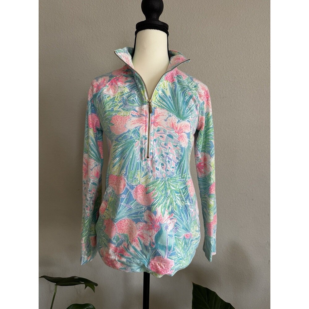 Lilly Pulitzer XS Tropical Floral 1/4 Zip Pullover Top Cotton Stretch Coastal